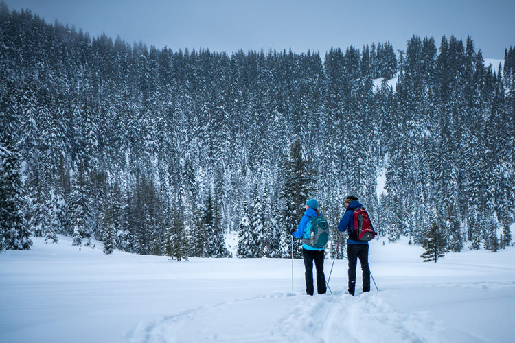 A man and a woman snowshoeing in the winter